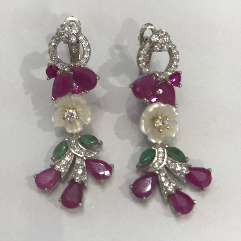 Real Ruby, Emerald & Mother of Pearl Earrings - Picture 3 of 4